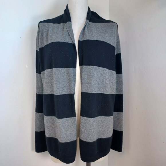 Theory Cashmere Cardigan Ashtry R Royal Black Gray Stripes Open Front Size Small - Picture 6 of 10
